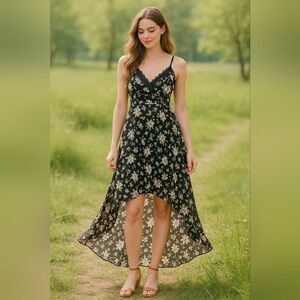 Black Pink Blue Floral High Low Cottagecore Midi Dress M Romantic Ethereal Fairy